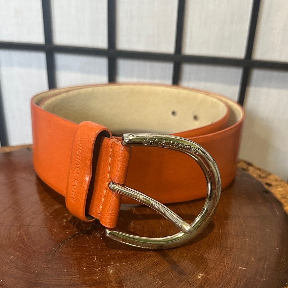 Michael Kors Thick Orange Leather Belt with Silver Buckle Medium